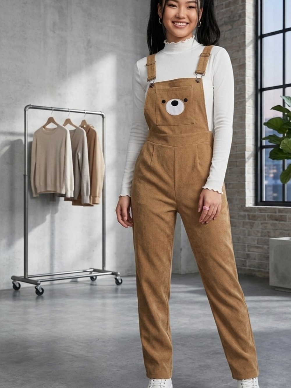 Romwe Cute Kawaii Teddy Bear Corduroy Overalls Jumpsuit Tan S
